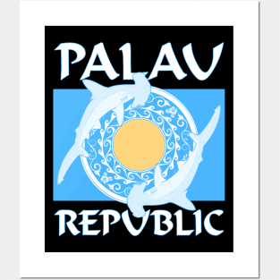 Palau Republic Flag with Hammerhead sharks Posters and Art